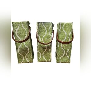 Threshold Canvas Wine Bag With  Wicker Handle Green White Set Of 3!